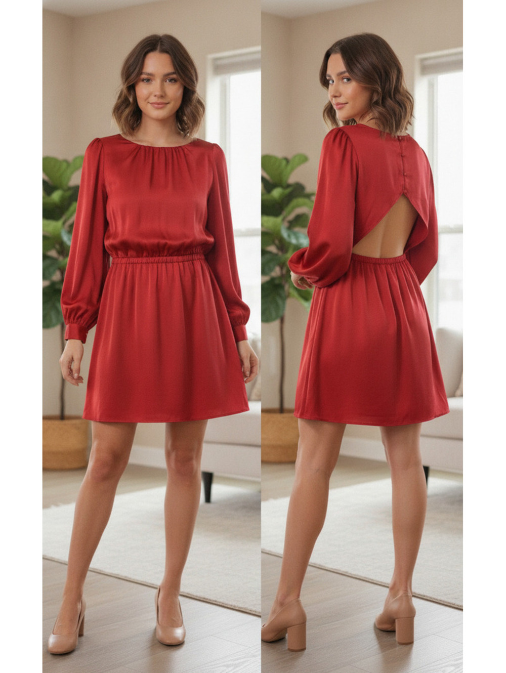 Lost + Wander Red Satin Long Sleeve Dress with Open Back, Size XL